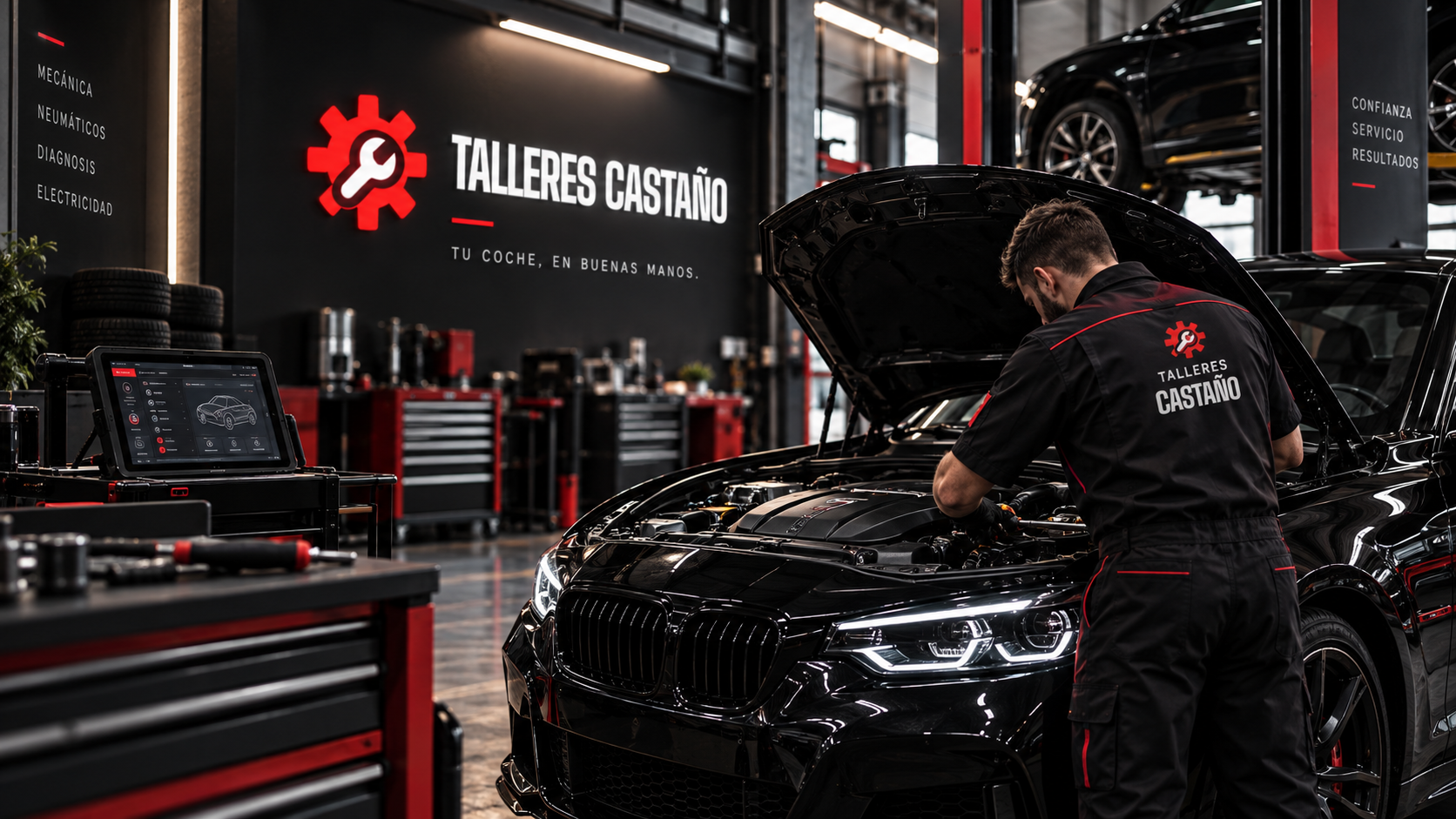 Mecánico de Talleres Castaño revisando el motor de un vehículo en el taller
