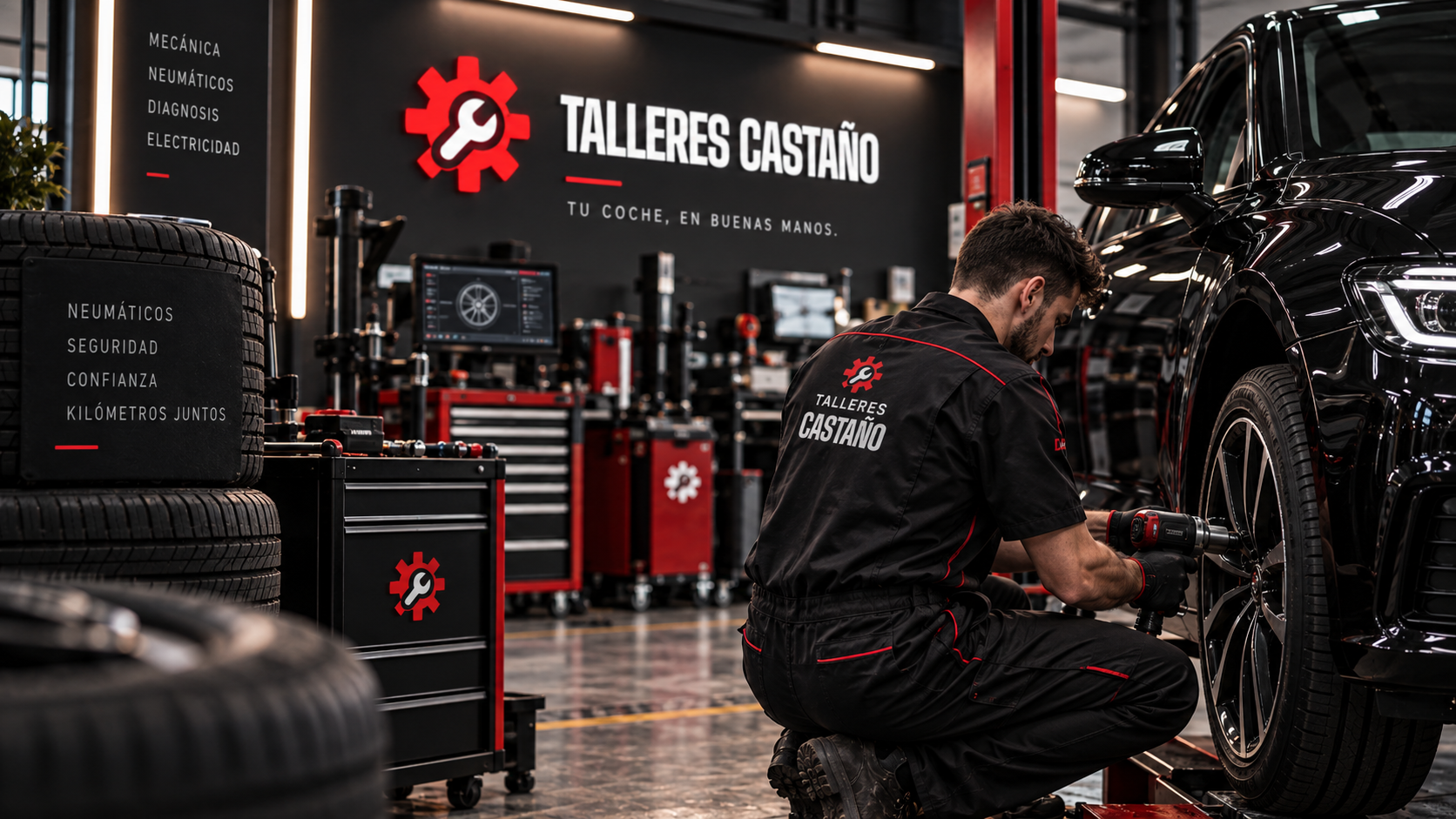 Mecánico de Talleres Castaño cambiando un neumático